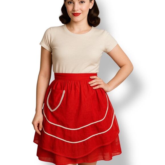 Vintage 1950s Red Sheer Half Apron White Lace Trim Tie Back Retro Housewife - Picture 1 of 13